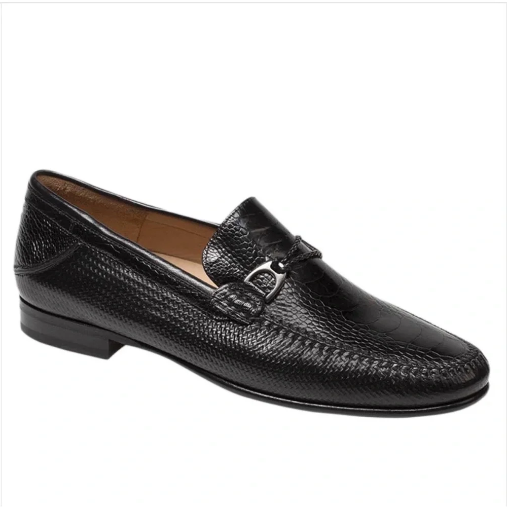 Mezlan Vesta Black Ostrich Woven Calfskin Moc Toe Bit Strap Loafers